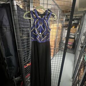 Parker Black and Blue Embellished Halter Gown